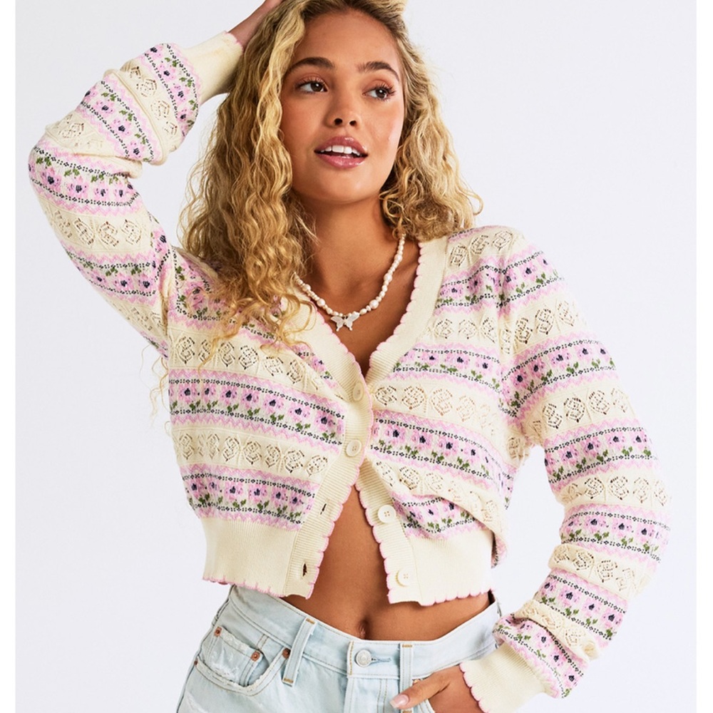 RSQ Sz XL cropped Sweater Cardigan Pointelle Crochet Floral Scallop Cottagecore